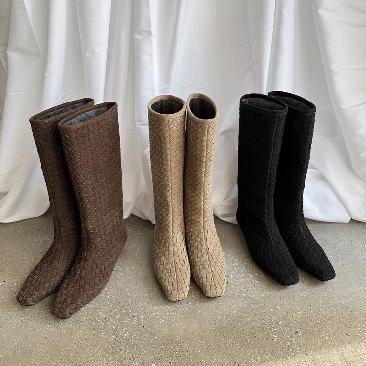 European fashion and comfortable sleeve low-heeled women's boots 2025 autumn and winter new fine-heeled woven high-heeled square boots