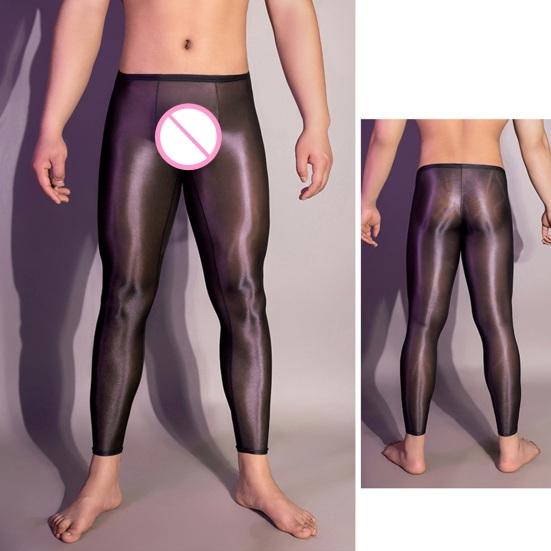 Pánské sexy dlouhé kalhoty průhledné olejově lesklé ultratenké strečové legíny lesklé ledové Silky Comfort úzké kalhoty