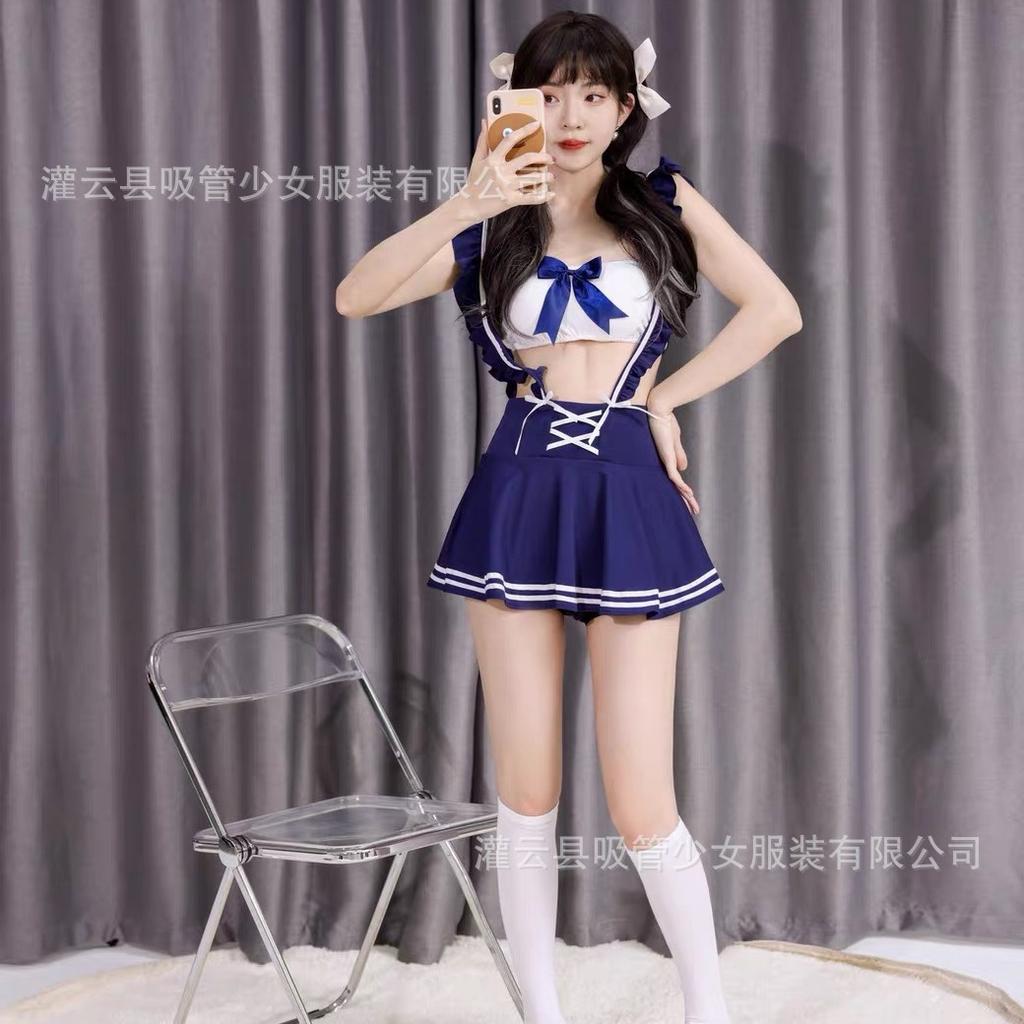 Sex underwear sexy college style tube top strap pleated skirt set hollow pure student wear