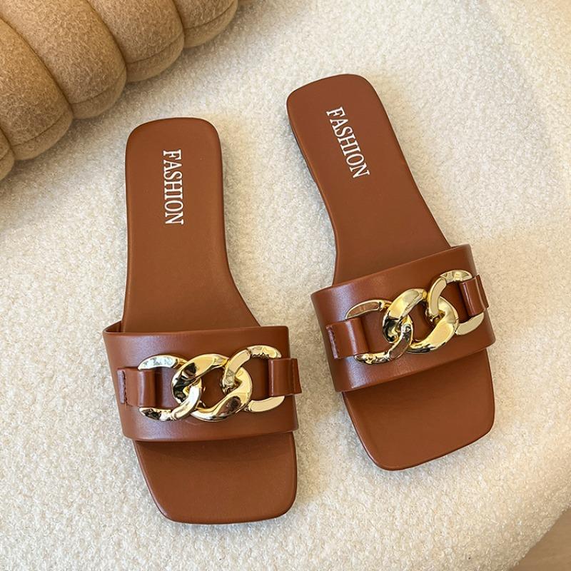 Женские Сандалии Большого Размера Летние Новые Квадратный Носок Металлическая Цепочка Мягкая Подошва Нескользящие Плоские Туфли 35 коричневый 2270₽