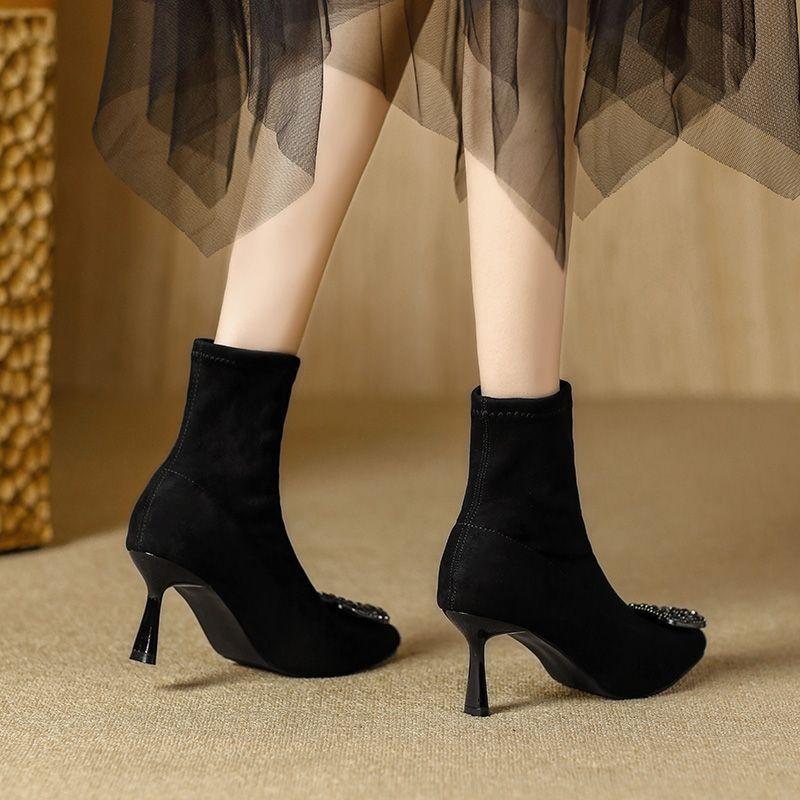 Skinny Heel Socks Boots Skinny Elastic Season Single Boots Short Boots Women's Skinny Boots Fashion Sweet Pointed Short Tube