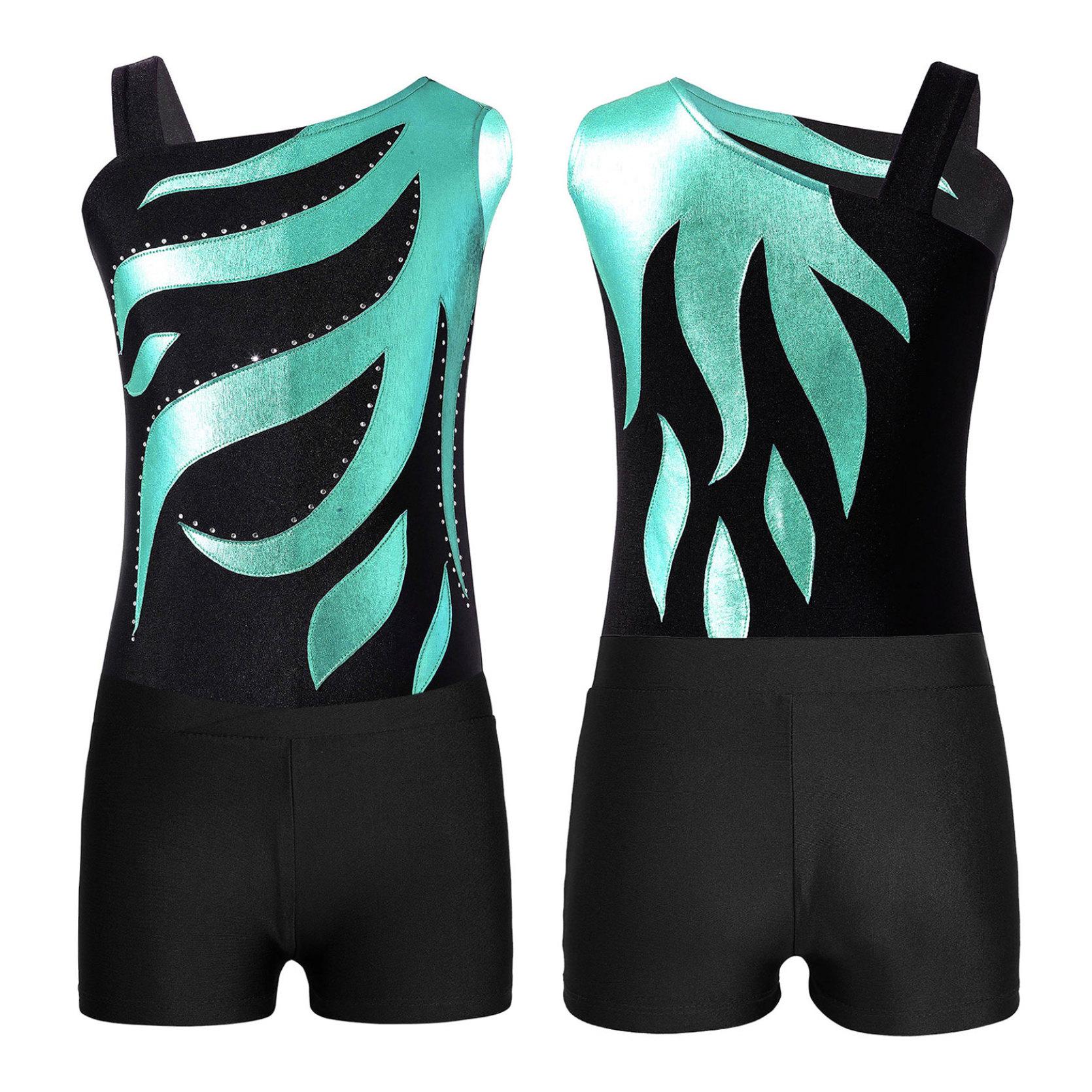 

Блестящие металлические танцевальные костюмы для девочек, купальник без рукавов с шортами, комплект для балета, гимнастики, катания на коньках 5-6 Years озеро зеленый/чёрный