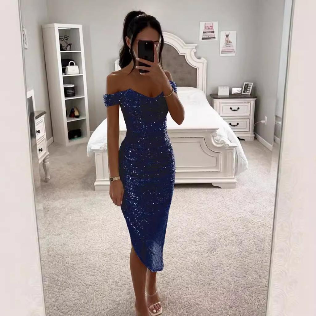 Damen schulterfrei kurzärmliges Midi-Kleid schmale Passform hohe Taille einfarbig Pailletten gerafft Bodycon Kleid