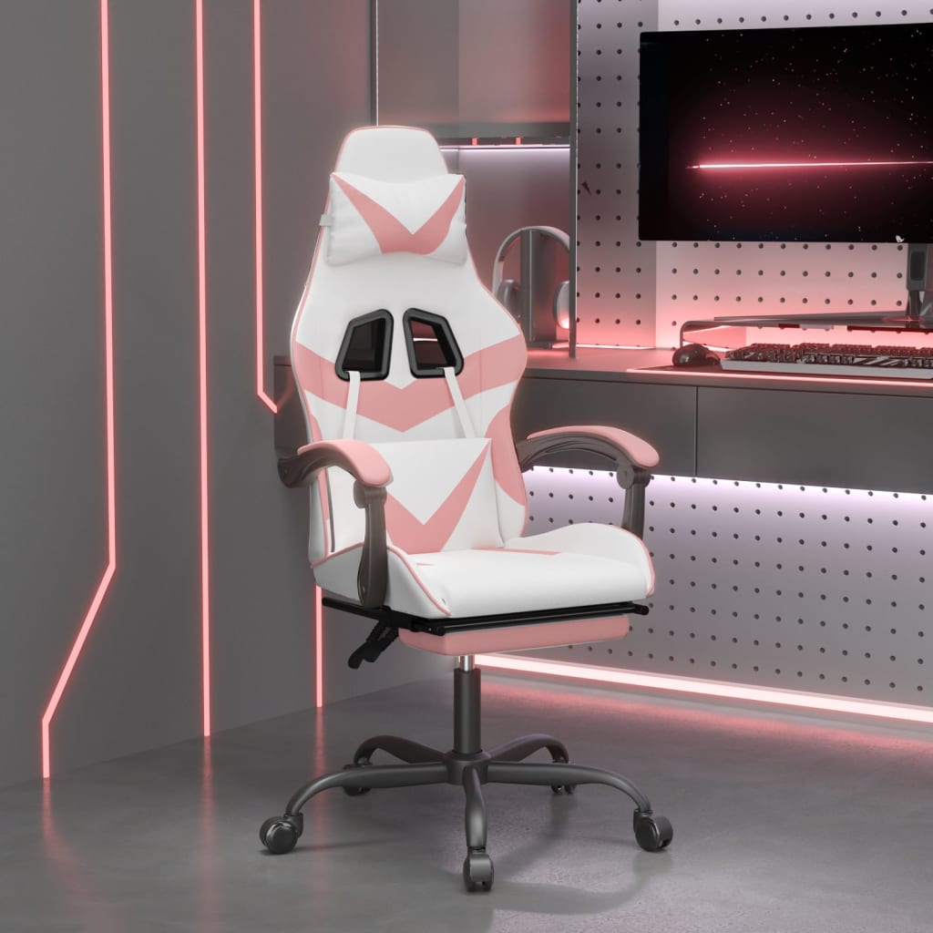 Gaming Chair with Footrest Swivel White & Pink PU Leather