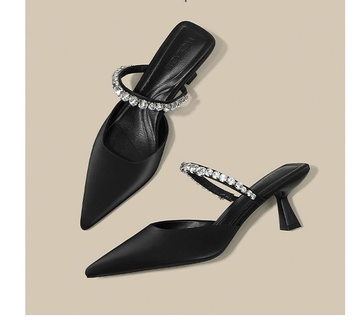 

Large size rhinestone fairy wind sandals 2025 new summer stiletto black one-word slippers high heels 42 чёрный