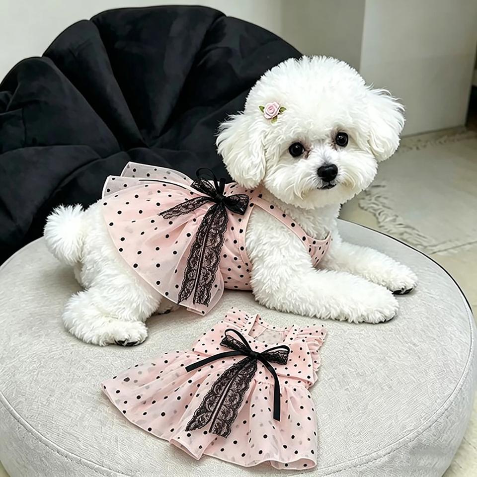 Polka-Dot Dog Dress Japanese-Style Pet Clothes Cats Summer Spaghetti-Strap Sling Yorkshire Terrier Skirt  with Large Bow