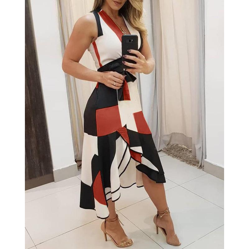 V-Neck Sleeveless Contrasting Print Women S Dress Women S Clothing S