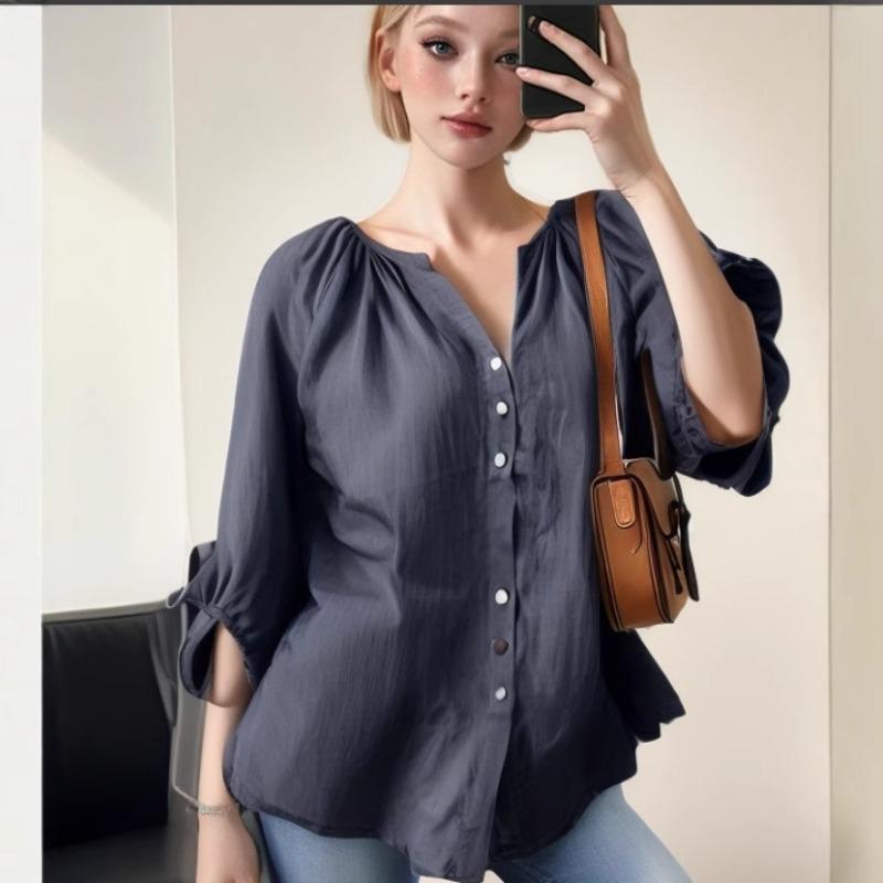 Summer Women's Cardigan Shirt Casual Solid Color Blouse Waist Loose Button Blouse
