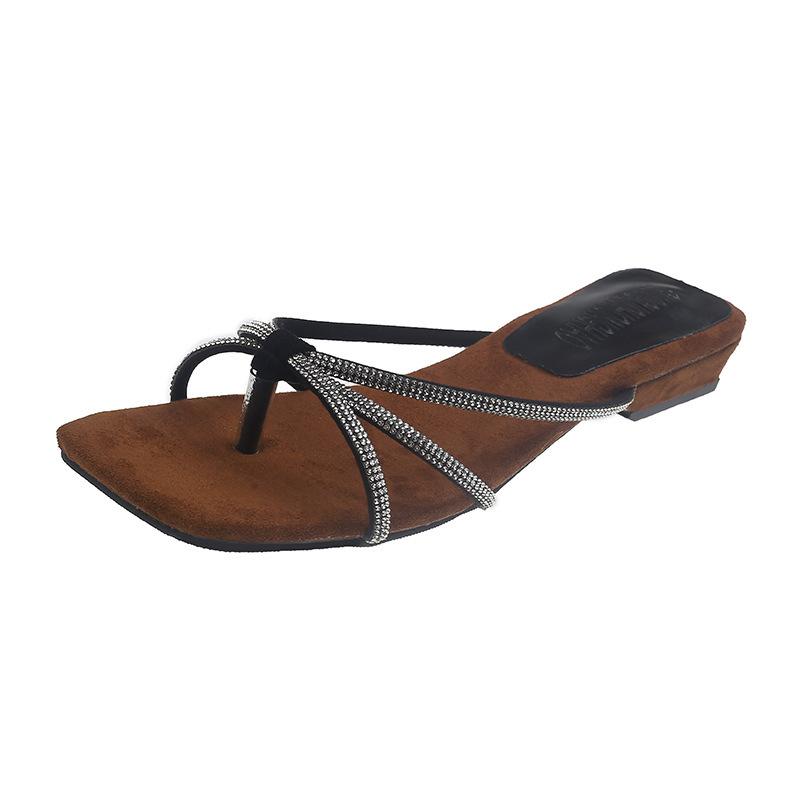 Coarse heel temperament silver rhinestone toe slippers women's shoes wear new summer sandals