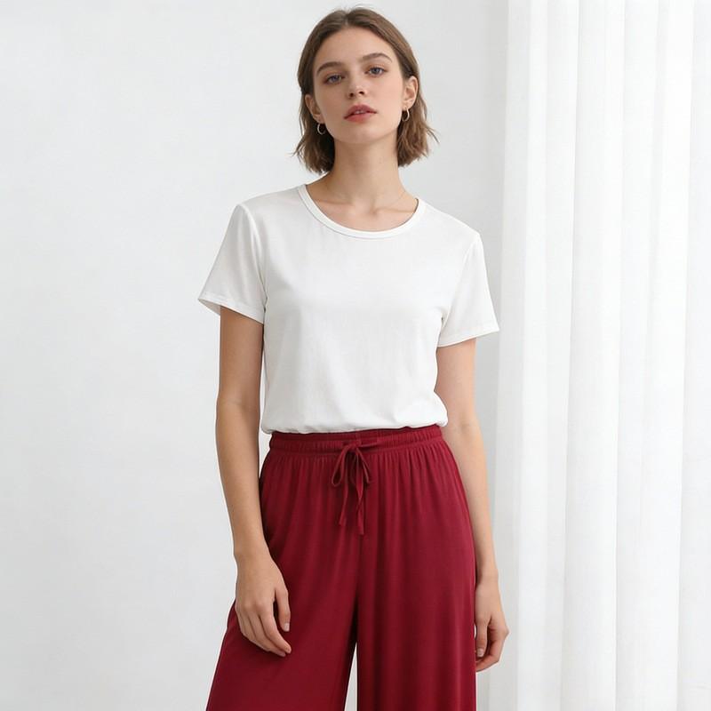 

Plus size M to 6XL Summer Modal Pajamas sets O Neck short sleeve Tshirts with High waist Wide leg Pants Loose Homewear 2pcs suit Loungewear M