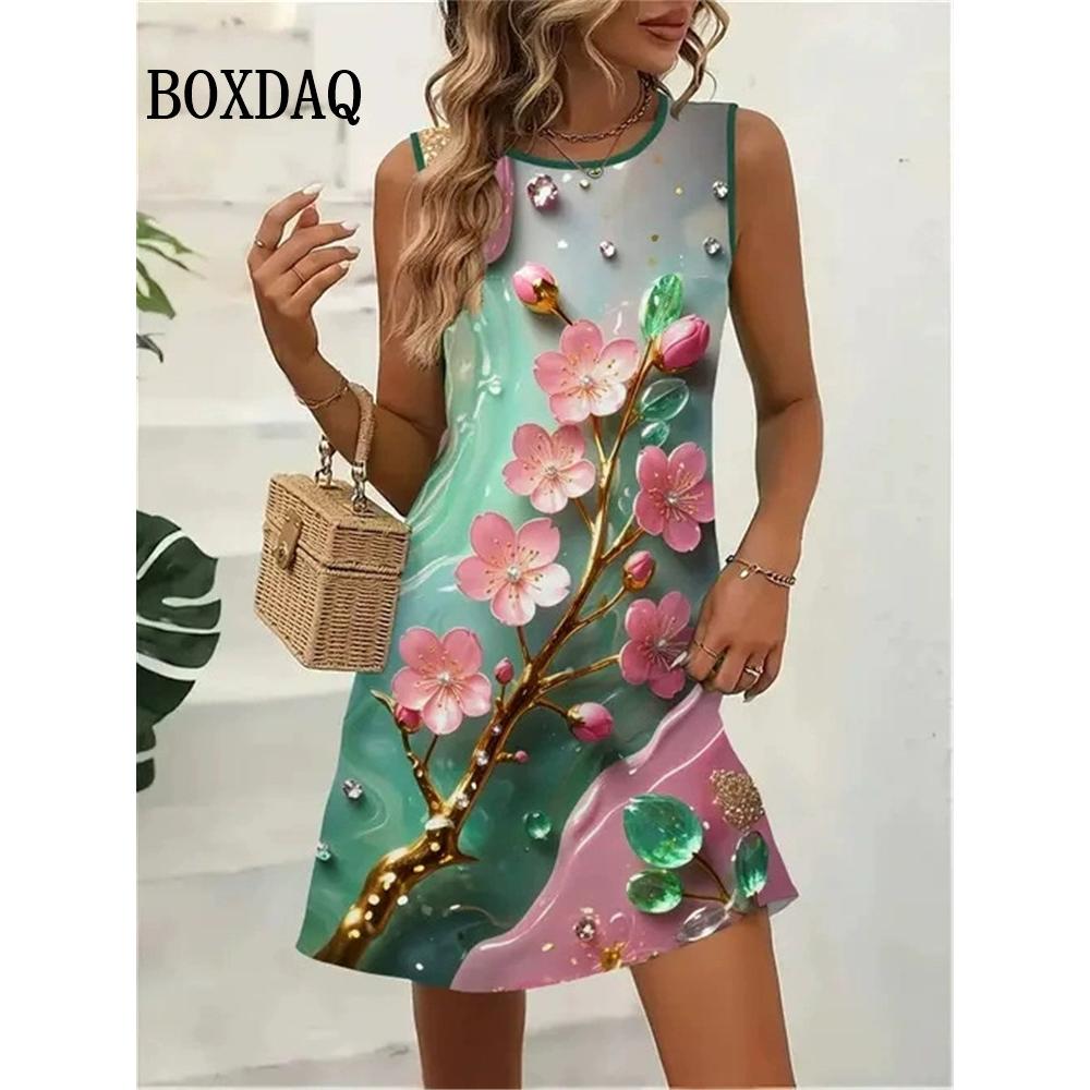 Summer Fashion Cat Pattern 3D Print Dresses Women Casual Sleeveless Flowers Beach Short Dress