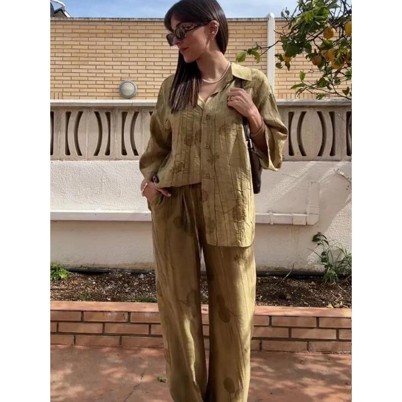 New Linen Tie-dye Print Long Pants Sets For Women Lapel Half Sleeve Single Breasted Shirts Drawstring Wide Leg Pant 2 Pieces Set