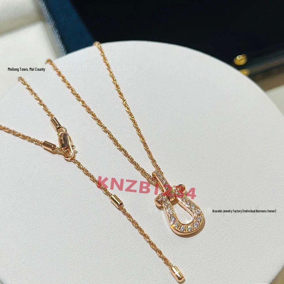 Fred Women's 18K Rose Gold Horsebit Necklace with Diamond Inlaid Twisted Rope Chain - Light Luxury Autumn Winter Accessory