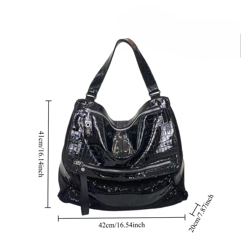 Street Dark Ladies Sequined Shoulder Bag Large Capacity Splicing Zipper Crossbody Handbag