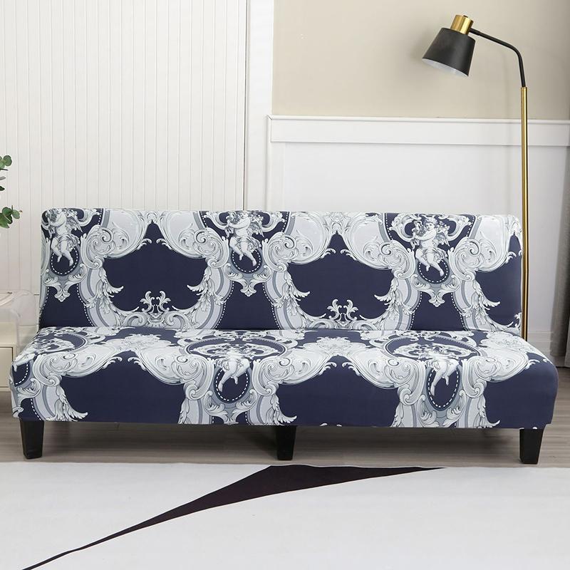 Floral Printed Armless Futon Slipcover Stretch Sofa Bed Slipcover Furniture Protector Without Armrests with Elastic Bottom 1pc