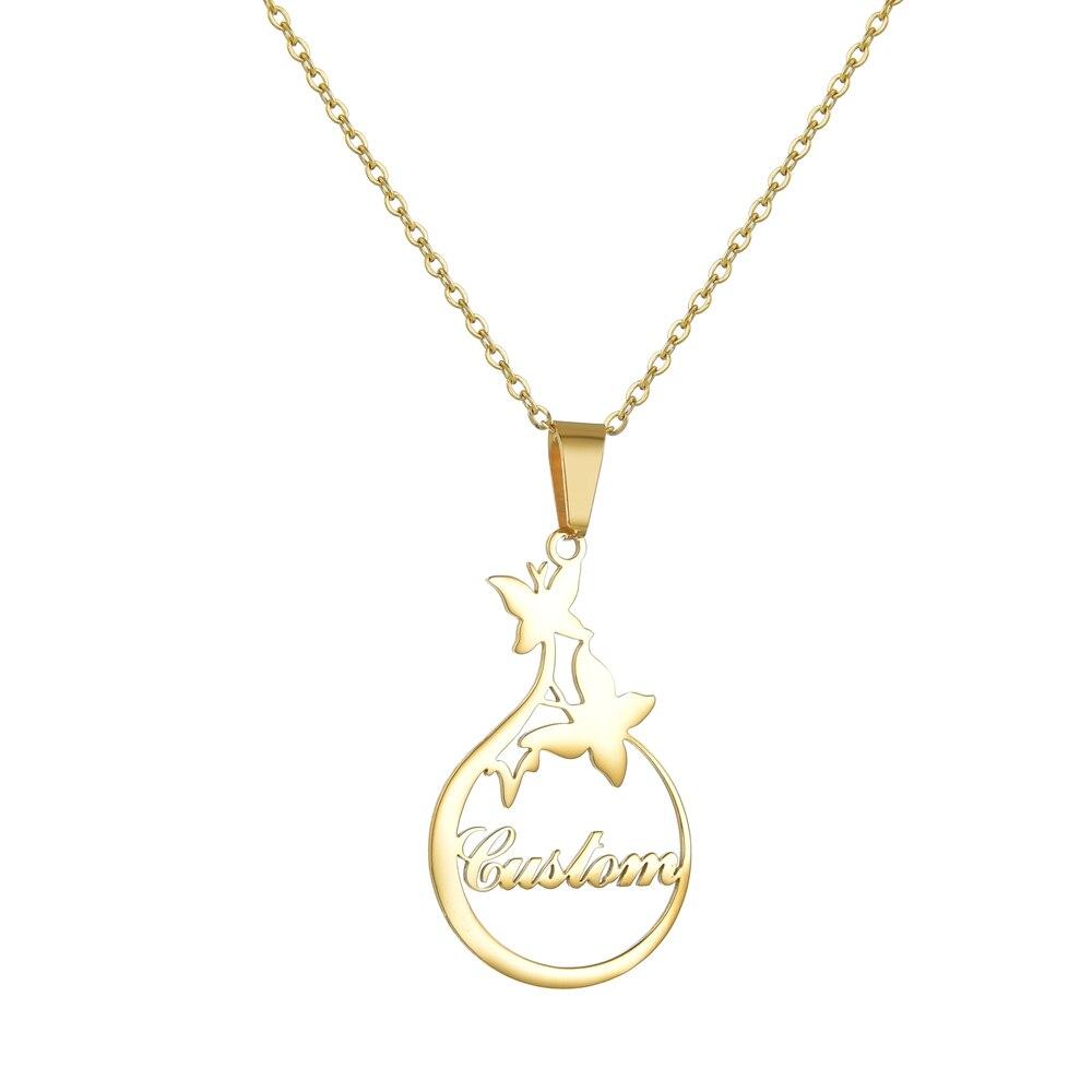 Atoztide Customized Stylish Fashionable Stainless Steel Name Pendant Necklace Personalized Letter Gold Tone Butterfly Necklaces Pendant Name Souvenir