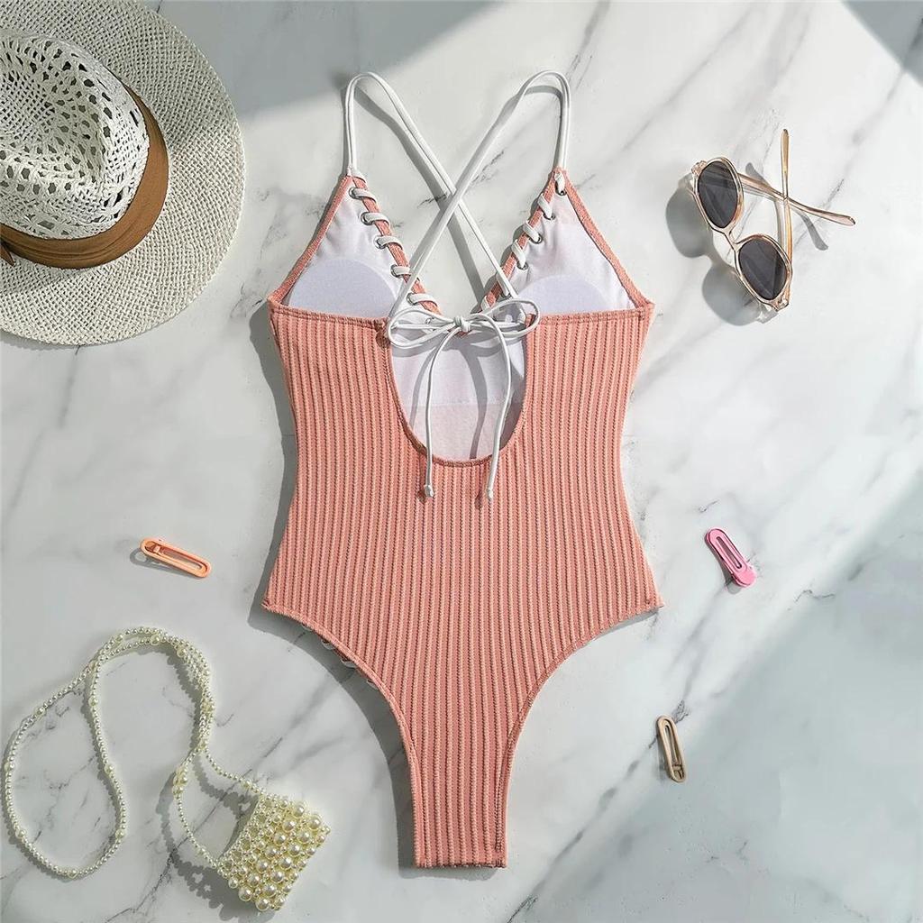 5 Colors V Neck Ribbed Cross Back One Piece Swimsuit Women Swimwear Female High Leg Cut Monokini Bather Bathing Suit Swim