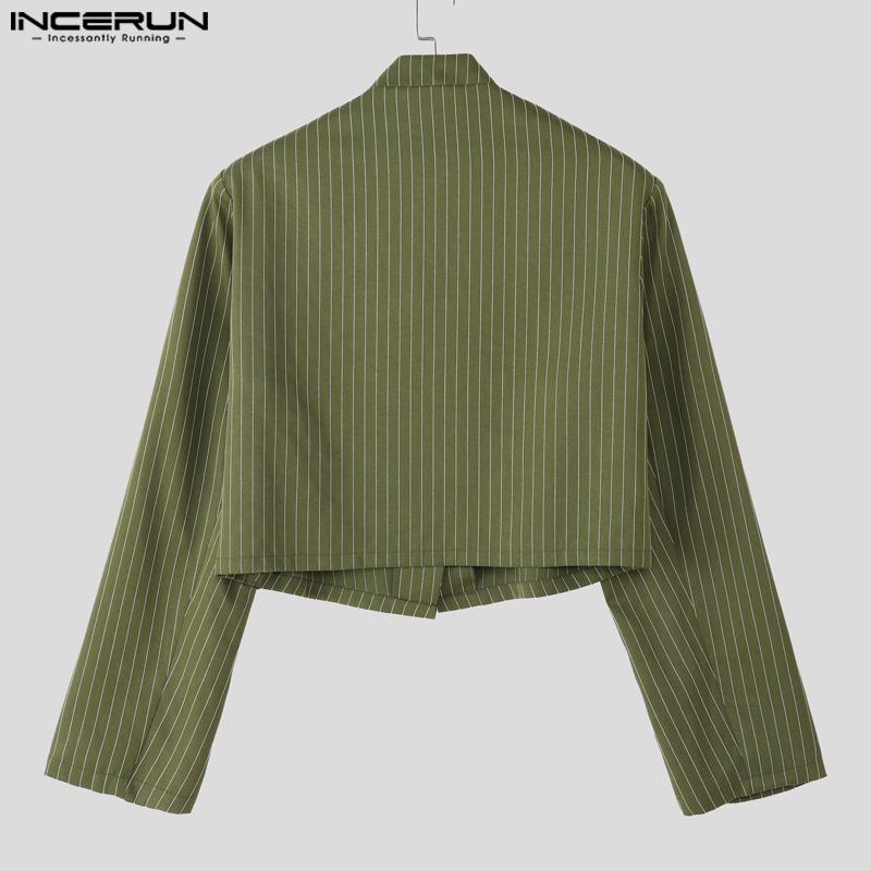 INCERUN Men Stand Neck Long Sleeve Striped Side Bandage Cropped Short Shirts