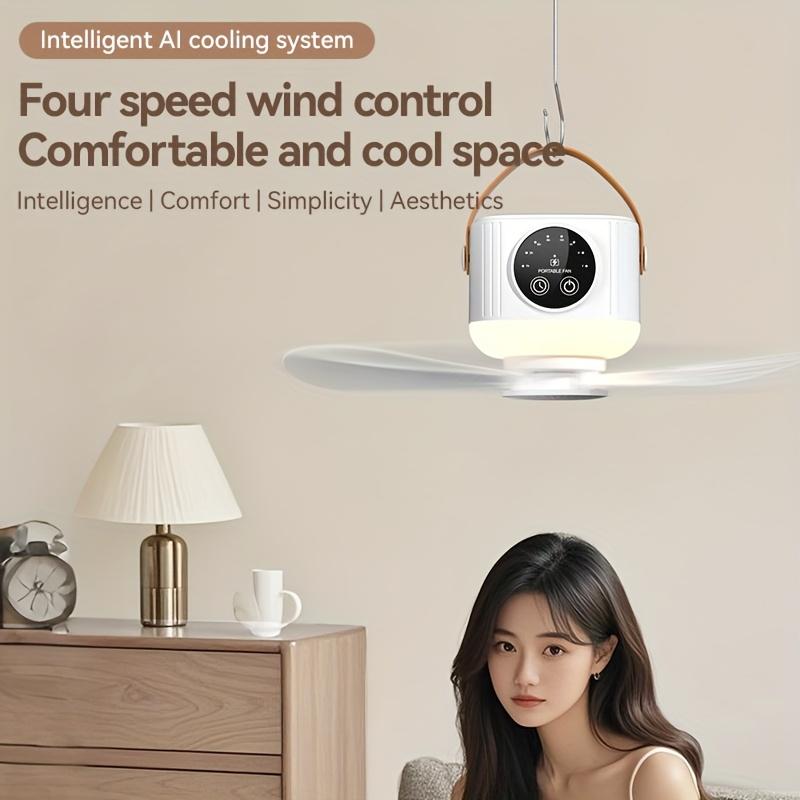 Portable USB Camping Fan with Light, Silent Tripod Stand, Adjustable Speed/Brightness, Detachable Blades for Tent Bedroom Travel