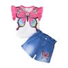 Baby Girl 2PCS Fashion Summer Outfit Set Butterfly Print Ruffle Sleeve T-Shirt + Denim Shorts for 0-3Y Newborn Casual Clothes