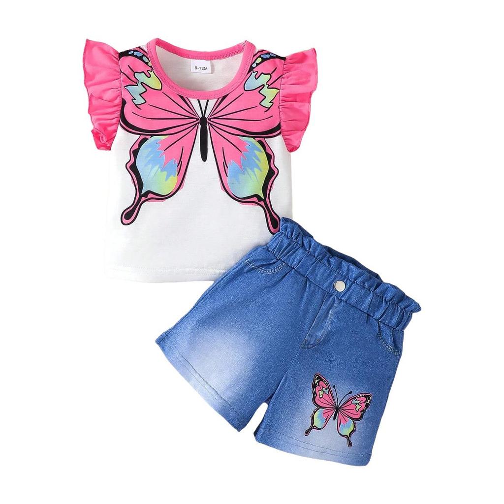 Baby Girl 2PCS Fashion Summer Outfit Set Butterfly Print Ruffle Sleeve T-Shirt + Denim Shorts for 0-3Y Newborn Casual Clothes