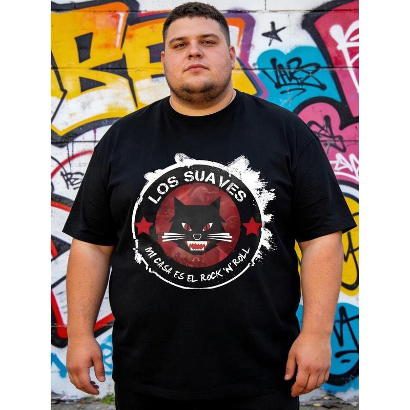 Black T Shirt with Los Suaves Black Cat And Rock N Roll Text Print for Casual Wear, Plus Size