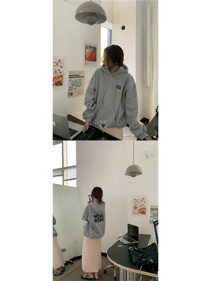 68223 Korean Fleece-Lined Letter Hoodie - Loose Fit Long Sleeve Pullover Jacket, 250g