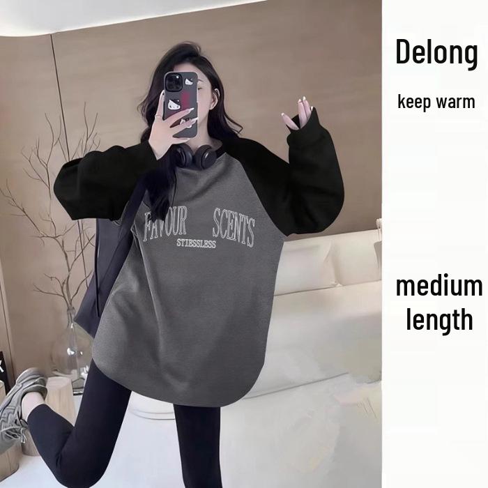 

American Raglan Sleeve Fleece-Lined Women s Hoodie - 2025 Autumn Plus Size Loose-Fit Slimming Top Large