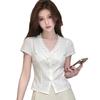 White V-neck short-sleeved shirt, summer new fat sister waist design sense work commuter shirt