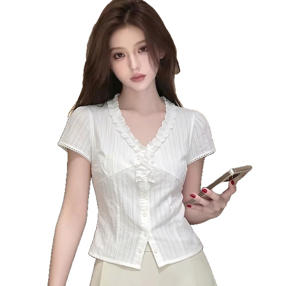 White V-neck short-sleeved shirt, summer new fat sister waist design sense work commuter shirt