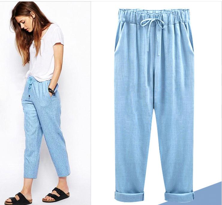 

Cotton Linen Pants Elastic Mid Waist Ankle Length Pant Casual Women Loose Spring Summer Pants Female Slacks Size S-8XL S синій