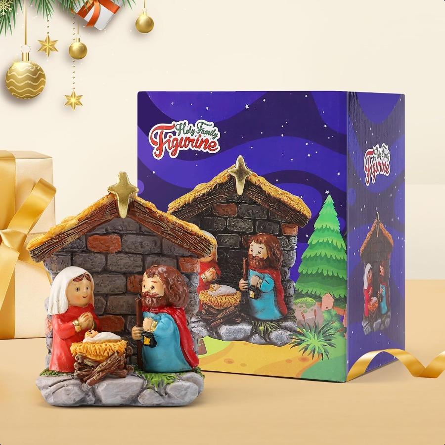 Christmas Nativity Scene Set Holy Family Figurines with Baby Jesus Mary Joseph In Manger Resin Little Nativity Sets and Figures