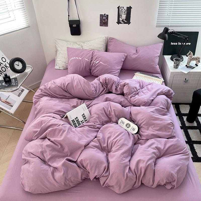 Ultra-soft Solid Color Washed Cotton Bed 4-piece Set Duplex Student Dormitory 3-piece Bed Sheet Quilt Cover Bedding