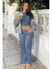 Women's Casual Workout Two-piece Set - Round Neck T-shirt & Low-waisted Flared Pants