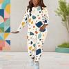 Women Plus Size Cream White Printed Round Neck Long Sleeve Top And Fitted Pants Two Piece Set
