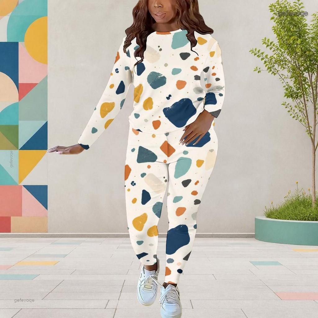 Women Plus Size Cream White Printed Round Neck Long Sleeve Top And Fitted Pants Two Piece Set