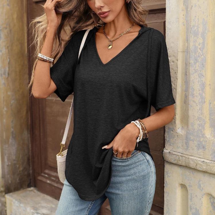European American Fashion Summer T-Shirt Women V-Neck Short Sleeve Loose Casual Top Solid Crossborder