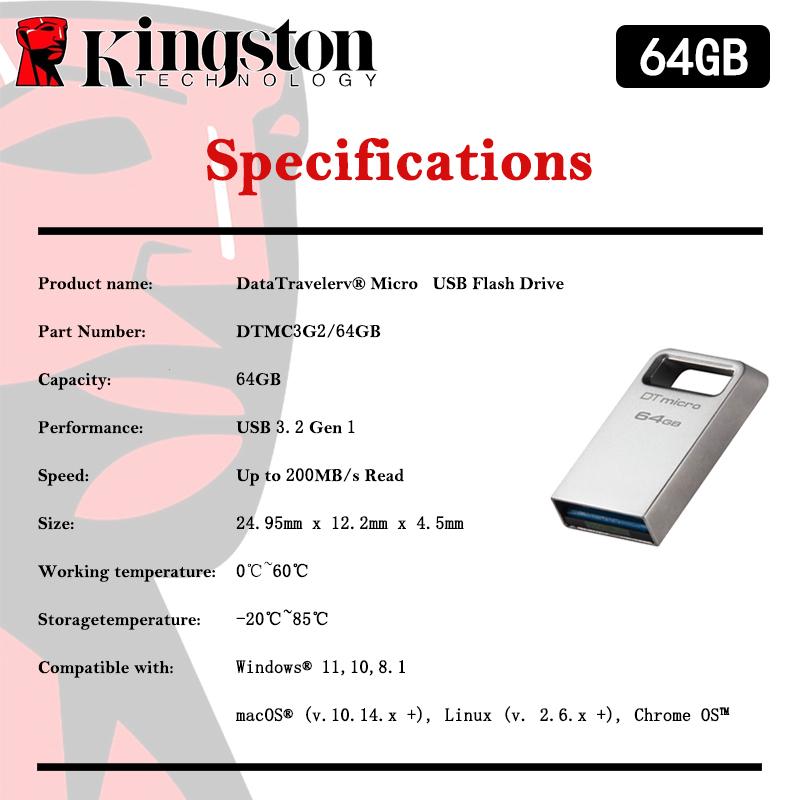 

Kingston 128G Mini Metal Pen Drive USB3.2 Memory Stick 64GB/128GB/256GB DTMC3G2 USB Flash Drive 200Mb/s Car U Disk Silver Pendrive Ultra-Small Premium 【64GB】