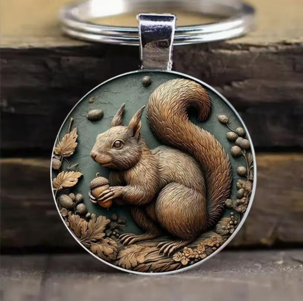 Retro Animal Embossed Squirrel Round Glass Alloy Keychain