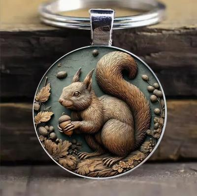 Retro Animal Embossed Squirrel Round Glass Alloy Keychain