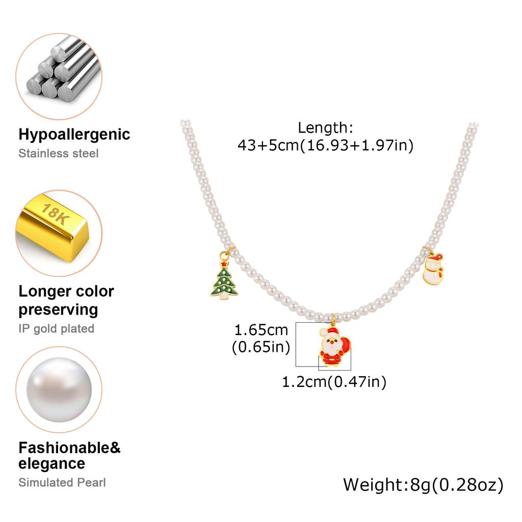 Christmas Tree Santa Snowman Pendant Necklace for Women Girl, Imitation Pearl Necklace, Stainless Steel Jewelry Festival Gift