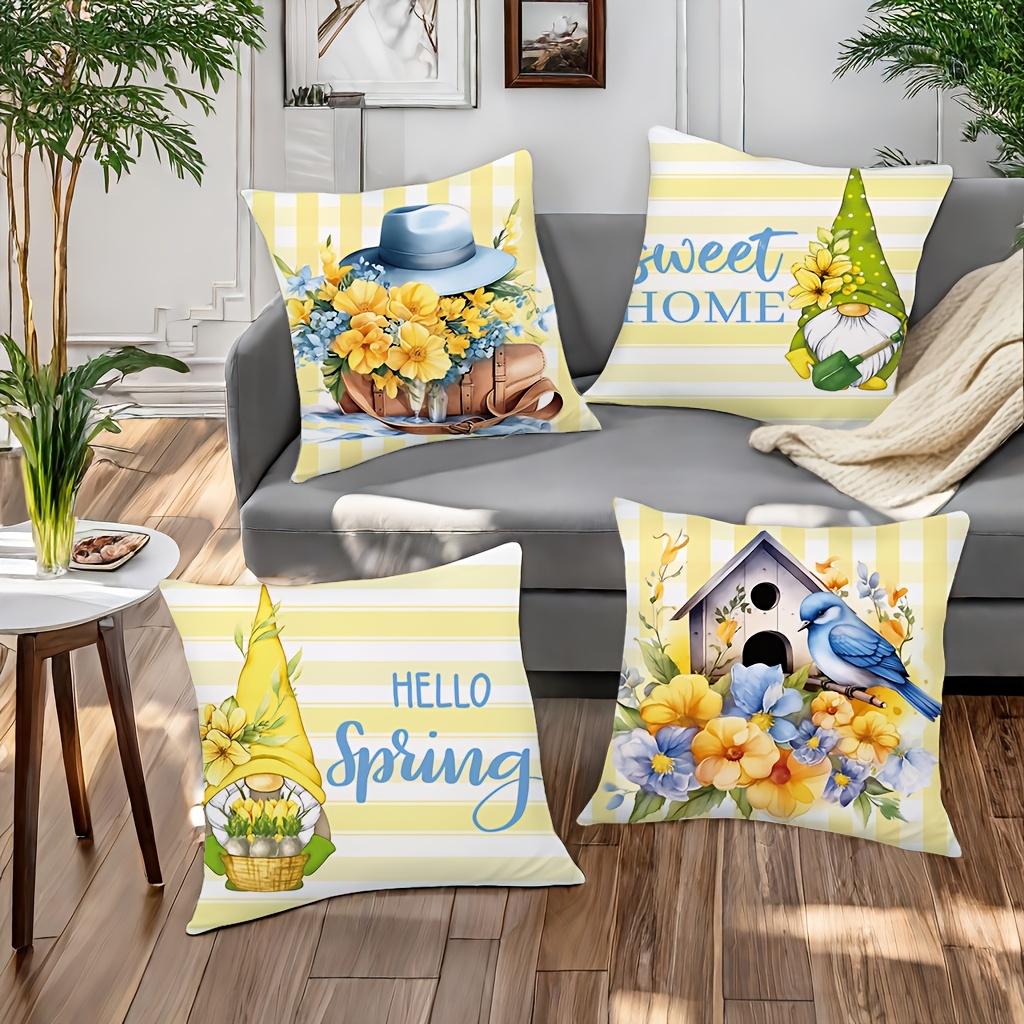 1/4pcs Floral and Gnome Patterned Pillowcases Sweet Home Hello Spring Decor Sofa Cushion Cover Home Bedroom Room Decoration