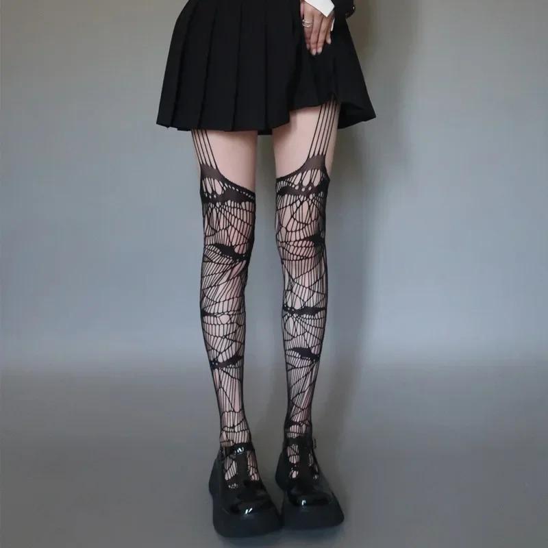 Gothic Fledermaus Muster Lange Sexy Netzstrümpfe Punk Frauen Harajuku Alternative Mesh Strumpfhosen Oberschenkel Hohe Strumpfwaren Halloween