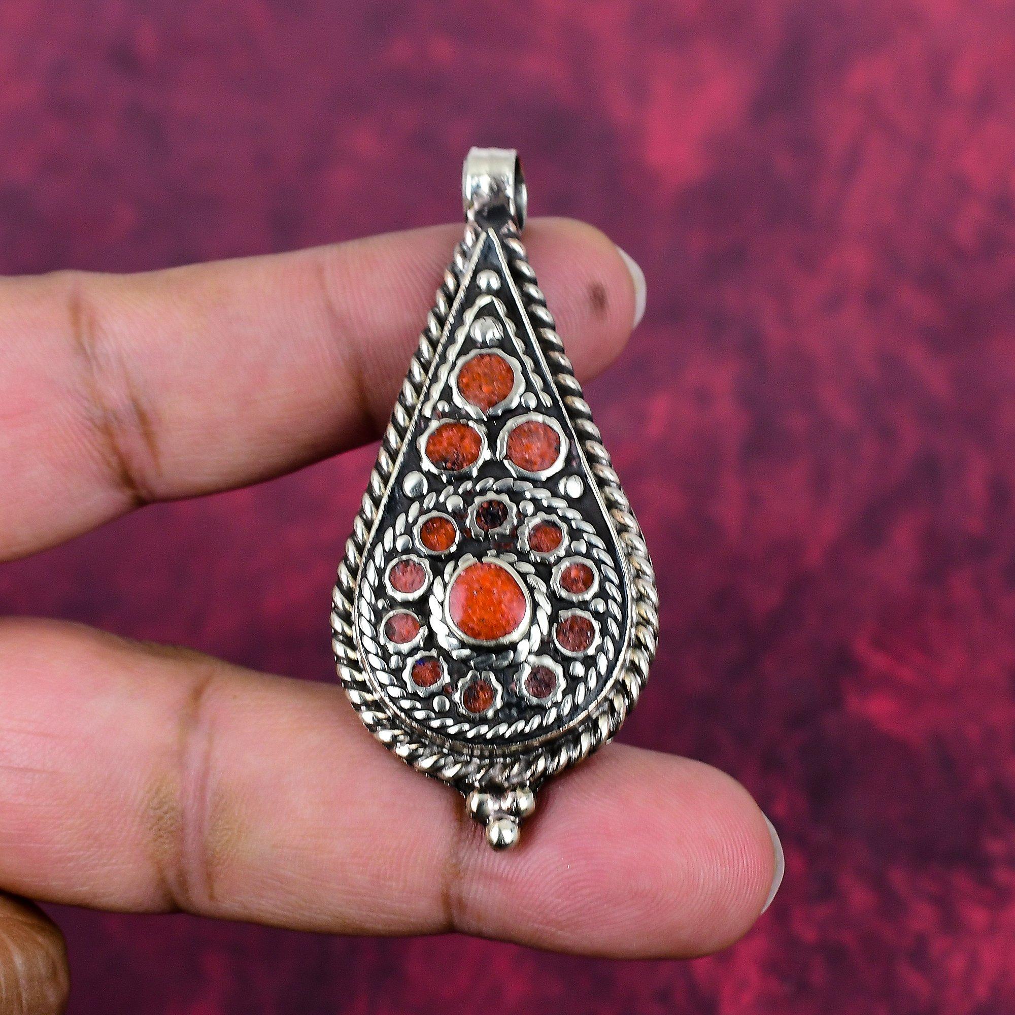 

Подвеска с кораллом, ювелирные изделия из цельного серебра 925 пробы с драгоценными камнями, подвеска ручной работы, на День благодарения 2.36 Inches