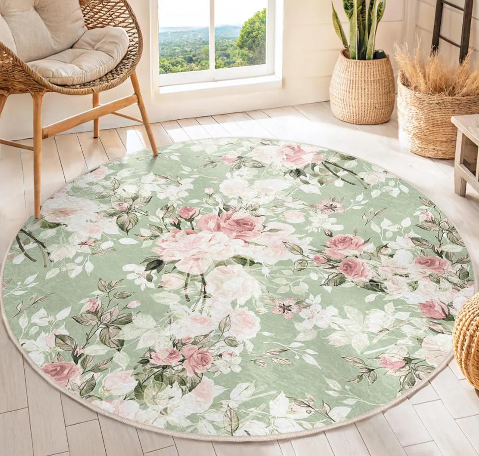 

Round Spring Floral Rug – Warm Non-Slip Floor Mat for Living Room Bedroom Bedside Home Decor Diameter 60cm