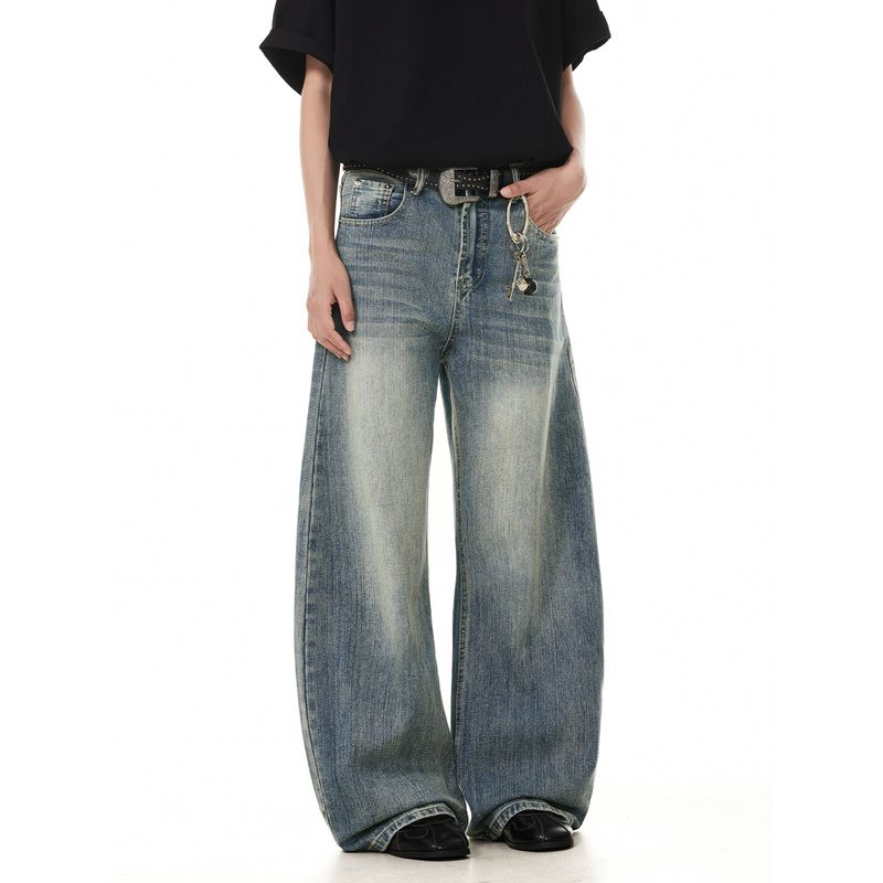 Men's American Retro Washed Slub Denim Jeans Men's 2025 Summer Trendy Loose Casual Wide-Leg Scimitar Pants