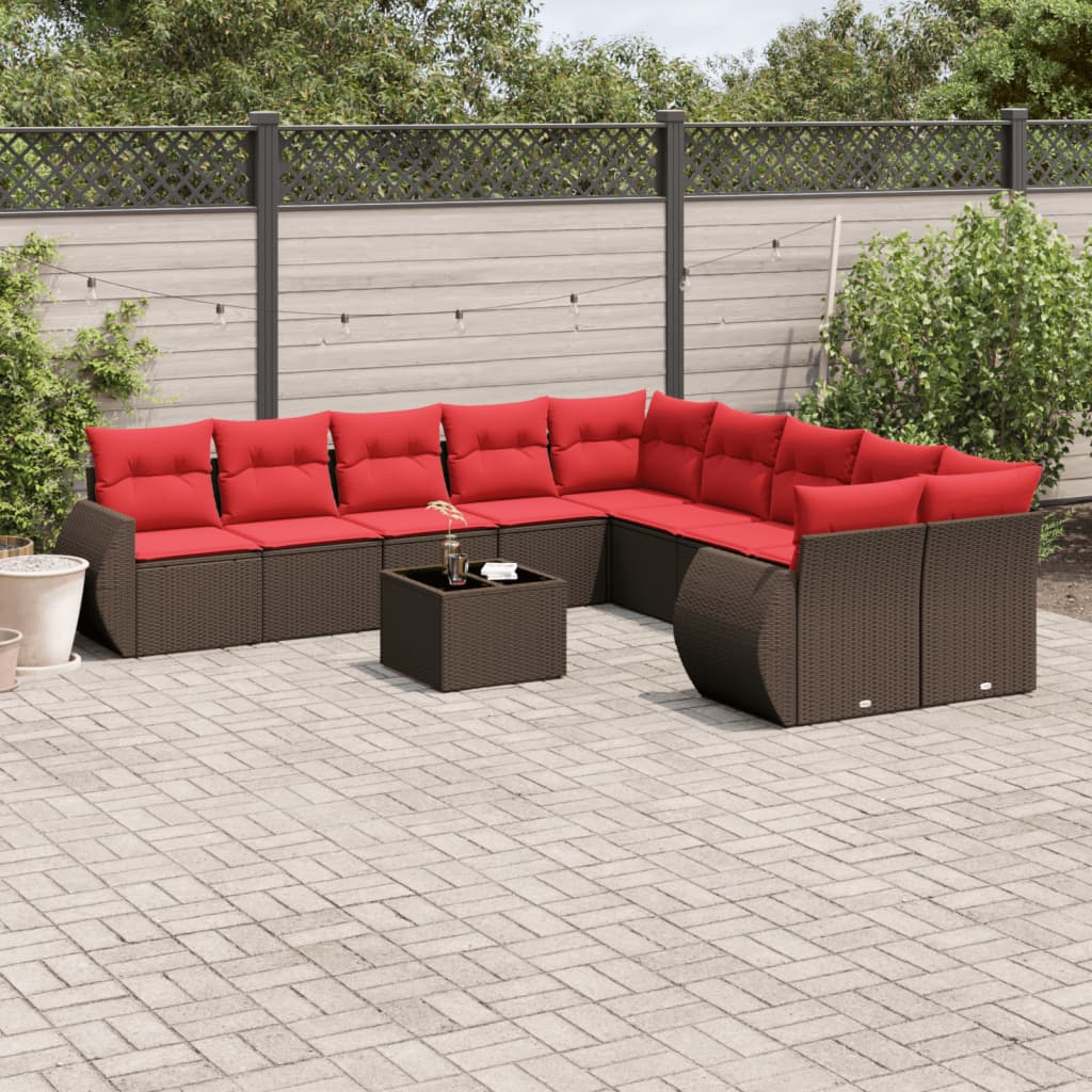 11 Piece Garden Sofa Set with Cushions Brown Poly Rattan