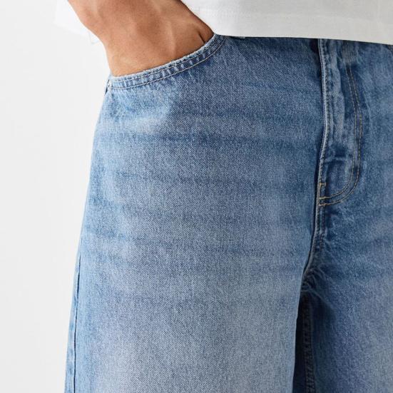 Erkek Denim Şort Orta Yükseklikte Düğmeli Fermuarlı Yaz Kot Pantolon Düz Geniş Paça Denim Şort Cepli