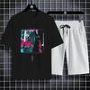 Fashion Four Seasons Casual Sports Style 2d Letter Print Adult Men'S Round Neck Loose Short Sleeve T-Shirt Trouser Set Quick Dry