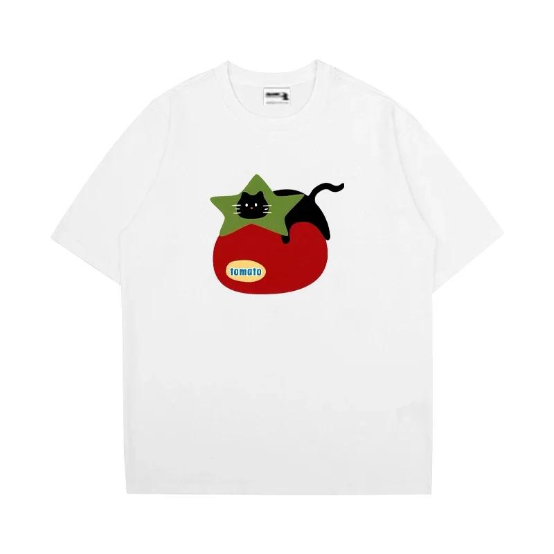

Men s casual tomato cat pattern printed 100% pure cotton short-sleeved T-shirt, cute Kavai humorous and comfortable top 4XL